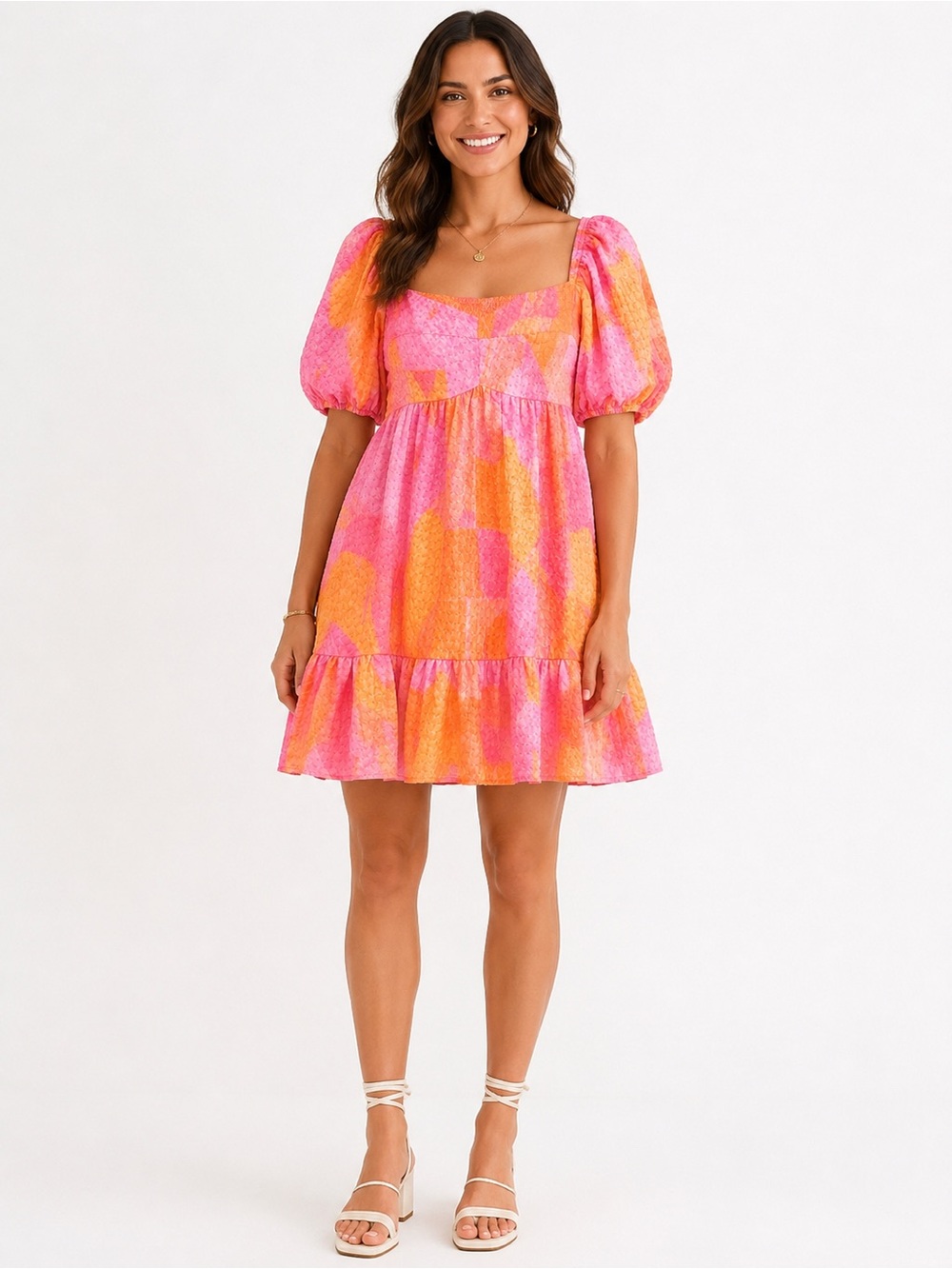 Sincerely Ours Pink Orange Abstract Puff Sleeve Midi Dress M